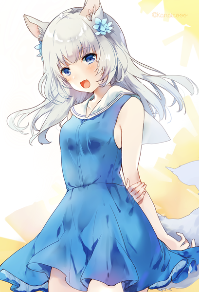 Anime picture 700x1026 with original kanaiko single long hair tall image looking at viewer blush fringe open mouth blue eyes standing signed animal ears silver hair tail animal tail hair flower cat ears cat girl cat tail