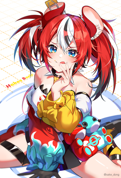 Anime picture 1500x2195 with virtual youtuber hololive hololive english hakos baelz sake dong single long hair tall image blush fringe blue eyes hair between eyes sitting twintails signed animal ears red hair multicolored hair from above streaked hair