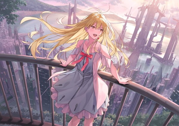 Anime picture 1600x1131 with original koh rd single long hair blush fringe open mouth blonde hair smile hair between eyes standing bare shoulders yellow eyes looking away sky cloud (clouds) outdoors :d wind city