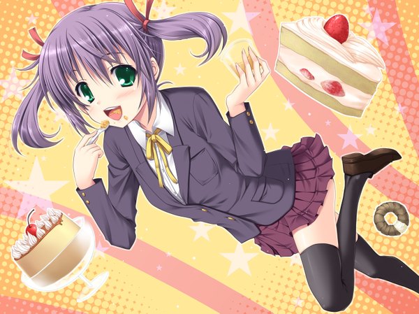 Anime picture 1530x1147 with miyai max long hair blush open mouth twintails green eyes purple hair short twintails girl thighhighs skirt uniform ribbon (ribbons) black thighhighs hair ribbon school uniform miniskirt sweets star (symbol) cake