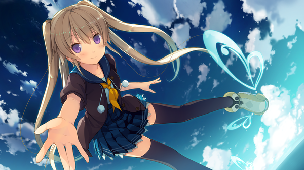 Anime picture 1280x720 with ao no kanata no four rhythm sprite (company) arisaka mashiro akinashi yuu single long hair looking at viewer blush fringe brown hair wide image purple eyes twintails looking away game cg sky cloud (clouds) outdoors pleated skirt light smile