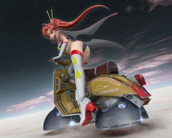 Anime picture 1244x1000 with tengen toppa gurren lagann gainax yoko littner kanzeon long hair light erotic cloud (clouds) ass ponytail red hair 3d girl gloves thigh boots cloak bikini top