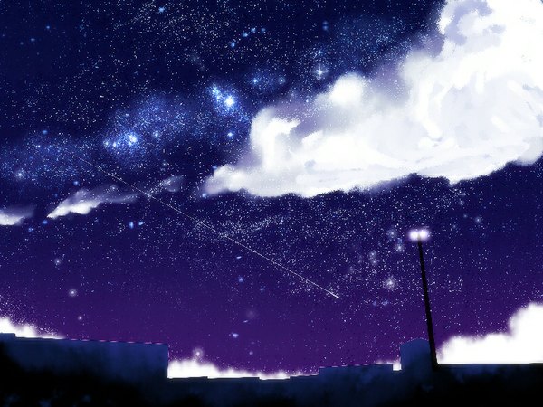 Anime picture 800x600 with original kurokii cloud (clouds) night night sky no people shooting star building (buildings) star (stars) lantern lamppost
