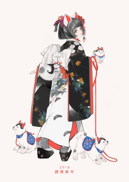 Anime picture 695x980 with original nekosuke (jet) single tall image looking at viewer fringe short hair black hair simple background standing white background holding animal ears full body tail blunt bangs traditional clothes head tilt japanese clothes animal tail