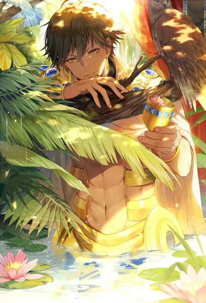 Anime picture 1150x1695 with fate (series) fate/prototype ozymandias (fate) ekita xuan single tall image looking at viewer short hair brown hair yellow eyes upper body light smile partially submerged shaded face muscle outstretched hand abs boy flower (flowers) earrings