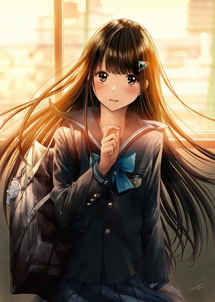 Anime picture 1080x1515 with original kazuharu kina single long hair tall image looking at viewer blush fringe open mouth black hair standing brown eyes signed indoors blunt bangs pleated skirt sunlight floating hair girl skirt