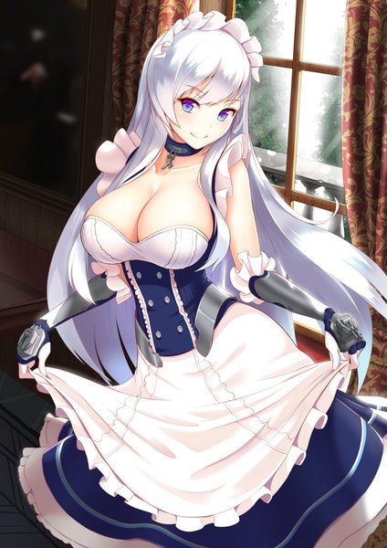 Anime picture 1491x2108 with azur lane belfast (azur lane) nekoda (maoda) single long hair tall image looking at viewer blush fringe breasts blue eyes light erotic smile large breasts standing cleavage silver hair maid girl dress