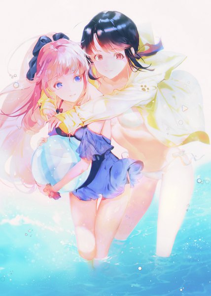 Anime picture 685x960 with b: the beginning production i.g hoshina lily yuna (b: the beginning) yaku (ziroken) long hair tall image fringe blue eyes light erotic black hair multiple girls brown eyes payot pink hair ponytail light smile open jacket hug partially submerged