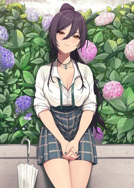 Anime picture 2185x3071 with idolmaster idolmaster shiny colors shirase sakuya maou (demonlord) single long hair tall image looking at viewer fringe highres breasts black hair smile hair between eyes standing yellow eyes payot cleavage outdoors ponytail