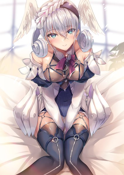 Anime picture 778x1100 with xenoblade melia antiqua inoue takuya (tactactak) single long hair tall image looking at viewer blush fringe breasts blue eyes light erotic hair between eyes large breasts sitting silver hair braid (braids) head tilt light smile puffy sleeves