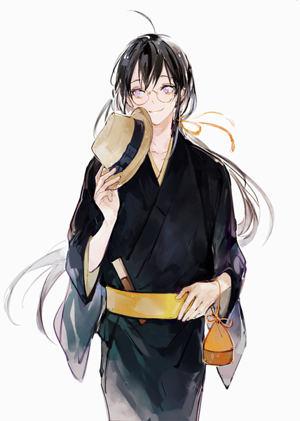 Anime picture 642x900 with touken ranbu nitroplus namazuo toushirou wonkrin single long hair tall image black hair simple background smile white background purple eyes looking away ahoge traditional clothes japanese clothes hand on hip hat removed bespectacled boy