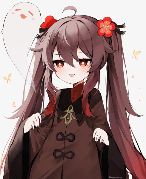Anime picture 1588x1948 with genshin impact hu tao (genshin impact) boo tao (genshin impact) nirako mona single long hair tall image fringe simple background hair between eyes red eyes brown hair white background twintails signed looking away ahoge hair flower twitter username symbol-shaped pupils