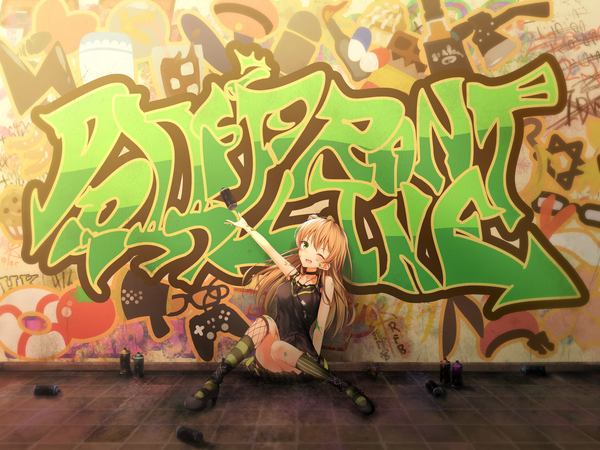 Anime picture 3000x2250 with girls frontline rfb (girls frontline) mage (335656) single long hair looking at viewer highres open mouth blue eyes sitting green eyes full body bent knee (knees) one eye closed arm up wink hair bun (hair buns) high heels character names ;d