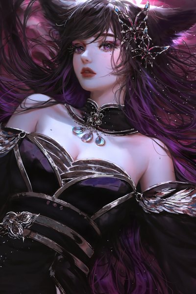 Anime-Bild 4096x6144 mit league of legends ahri (league of legends) nixeu single long hair tall image looking at viewer fringe highres breasts open mouth black hair brown eyes animal ears absurdres lying traditional clothes japanese clothes lips realistic