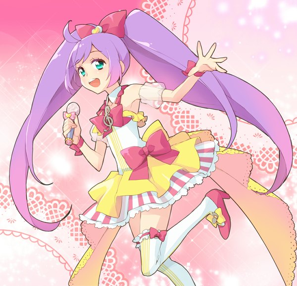 Anime picture 1100x1061 with puri para pretty (series) manaka lala dorei k single looking at viewer open mouth twintails purple hair ahoge very long hair aqua eyes outstretched arm girl thighhighs dress bow hair bow detached sleeves microphone
