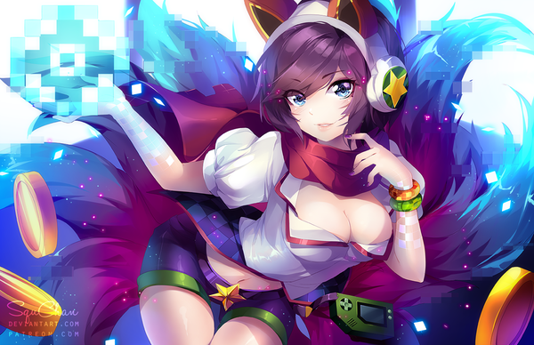 イラスト 1250x809 と league of legends ahri (league of legends) squchan ソロ 短い髪 おっぱい 青い目 light erotic 大きな乳房 signed 獣耳 cleavage purple hair 尻尾 nail polish animal tail bare belly leaning leaning forward puffy sleeves