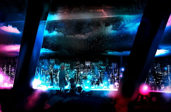 Anime picture 1680x1100 with original yoshioka yoshiko standing sitting sky cloud (clouds) from behind night arm support night sky back city cityscape city lights building (buildings) star (stars)