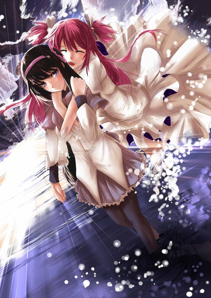 Anime picture 1500x2121 with mahou shoujo madoka magica shaft (studio) akemi homura kaname madoka goddess madoka nanakusa ayame (artist) long hair tall image open mouth blue eyes black hair smile standing multiple girls looking away pink hair sky cloud (clouds) eyes closed long sleeves