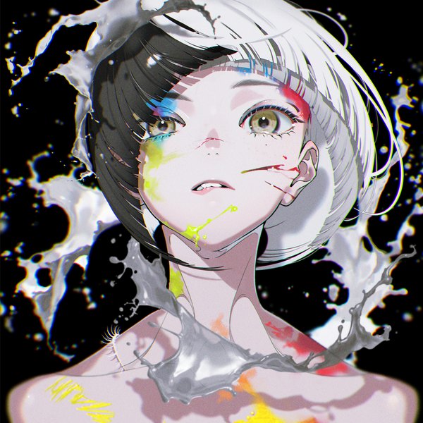 Anime picture 1500x1500 with original yoneyama mai single looking at viewer fringe short hair black hair simple background bare shoulders yellow eyes white hair multicolored hair two-tone hair teeth black background portrait face paint lip biting girl splashes