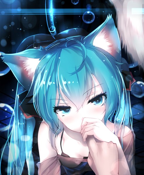 Anime picture 1232x1500 with vocaloid hatsune miku qys3 single long hair tall image looking at viewer blush breasts blue eyes light erotic twintails animal ears ahoge tail animal tail cat ears aqua hair off shoulder cat tail