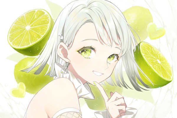 Anime picture 4500x3000 with original sogawa single looking at viewer fringe highres short hair simple background smile green eyes absurdres silver hair upper body nail polish fingernails grin gradient hair eyeshadow green nail polish girl