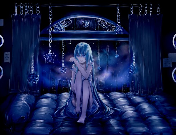 Anime picture 1432x1102 with vocaloid hatsune miku kawasaki saika single long hair blue eyes sitting blue hair very long hair barefoot night city crescent girl window bed