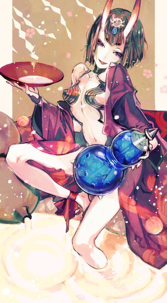 Anime picture 485x880 with fate (series) fate/grand order shuten douji (fate) yaku (ziroken) single tall image short hair open mouth light erotic black hair purple eyes holding traditional clothes head tilt japanese clothes horn (horns) oni horns soaking feet oni ankle ribbon