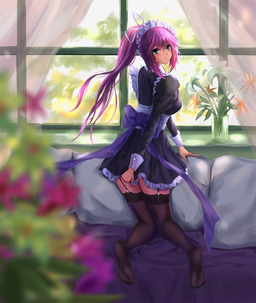 Anime picture 1100x1305 with original yuzuriha (artist) single long hair tall image looking at viewer blush fringe blue eyes hair between eyes payot purple hair full body ponytail looking back maid no shoes kneeling girl thighhighs