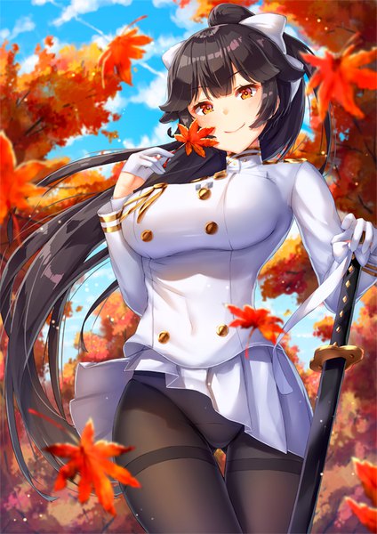 Anime picture 579x819 with azur lane takao (azur lane) pensuke single long hair tall image looking at viewer fringe breasts light erotic black hair smile large breasts standing brown eyes sky cloud (clouds) depth of field thigh gap looking down