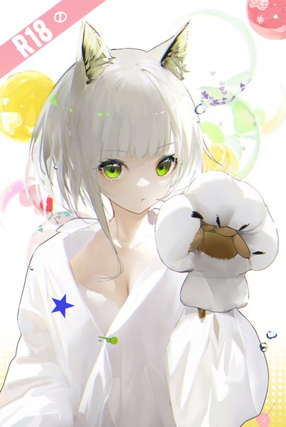 Anime picture 4100x6100 with arknights kal'tsit (arknights) omone hokoma agm single tall image looking at viewer fringe highres short hair breasts light erotic green eyes animal ears absurdres cleavage upper body white hair blunt bangs cat ears anaglyph