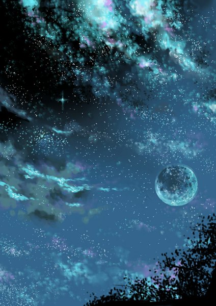 Anime picture 794x1123 with original woiow1 tall image sky cloud (clouds) night night sky no people milky way plant (plants) tree (trees) leaf (leaves) moon star (stars) full moon