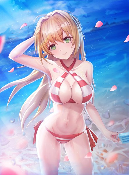 Anime picture 1652x2232 with fate (series) fate/grand order nero claudius (fate) (all) nero claudius (swimsuit caster) (fate) necoring862 single long hair tall image looking at viewer blush fringe breasts light erotic blonde hair hair between eyes large breasts standing green eyes payot sky