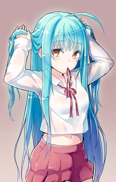 Anime picture 1283x1999 with unleashed dev (dev0614) single tall image looking at viewer blush fringe simple background holding brown eyes long sleeves very long hair aqua hair mouth hold ribbon in mouth girl skirt navel ribbon (ribbons) hair ribbon