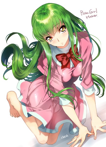 Anime picture 600x833 with code geass sunrise (studio) c.c. creayus single tall image looking at viewer fringe simple background white background yellow eyes very long hair barefoot green hair bare legs girl dress bowtie