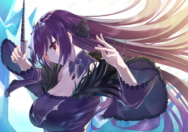 Anime picture 2434x1721 with fate (series) fate/grand order scathach (fate) (all) scathach skadi (fate) takubon single long hair looking at viewer fringe highres breasts light erotic simple background red eyes large breasts holding payot cleavage purple hair parted lips