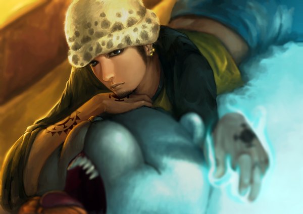 Anime picture 2339x1654 with one piece toei animation trafalgar law bepo jakuroi (pixiv) single looking at viewer highres short hair open mouth black hair lying black eyes tattoo glowing sleeping hat earrings animal tongue