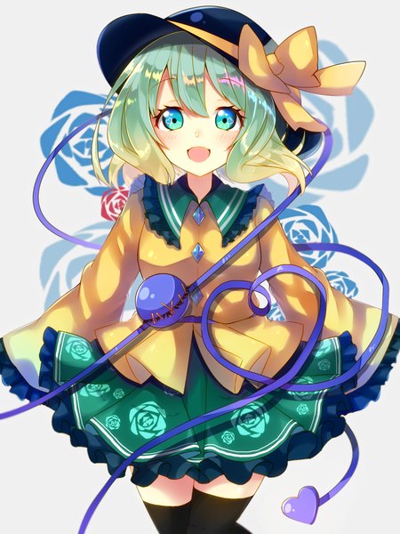 Anime picture 1200x1600 with touhou komeiji koishi solanikieru single tall image looking at viewer fringe short hair open mouth blue eyes hair between eyes :d green hair floral background girl thighhighs skirt black thighhighs hat green skirt