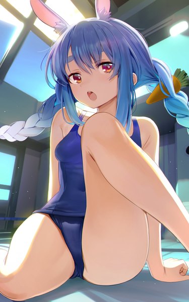 Anime picture 2048x3280 with virtual youtuber hololive usada pekora seicoh single long hair tall image looking at viewer blush fringe highres breasts open mouth light erotic hair between eyes red eyes sitting animal ears payot blue hair