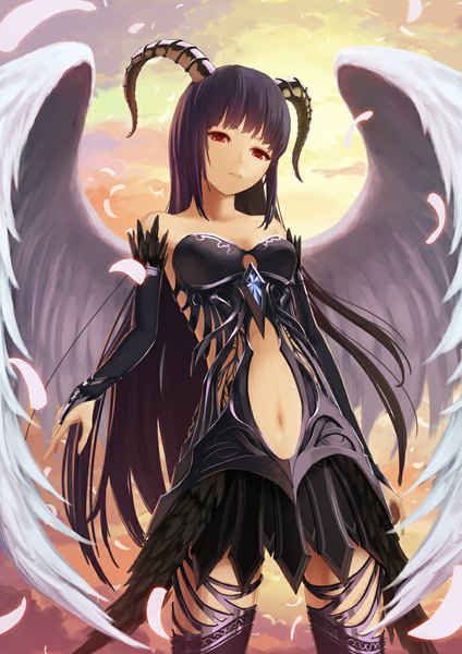 Anime picture 707x1000 with original kami (yoshipt0716) single long hair tall image black hair red eyes bare shoulders horn (horns) midriff girl thighhighs dress navel black thighhighs detached sleeves wings feather (feathers)