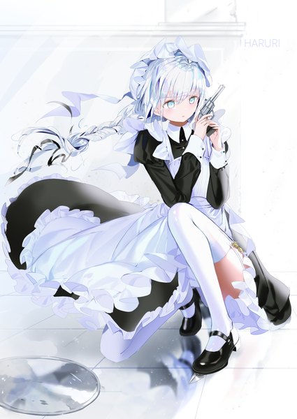 Anime picture 2508x3541 with original haruri single long hair tall image blush fringe highres open mouth hair between eyes holding signed looking away silver hair full body braid (braids) aqua eyes maid kneeling single braid