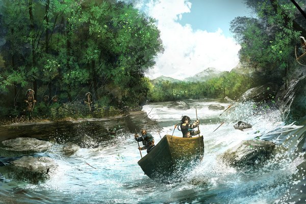Anime picture 1008x672 with original tagme (artist) long hair black hair standing sky cloud (clouds) mountain river bald boy tree (trees) forest bow (weapon) arrow (arrows) watercraft boat