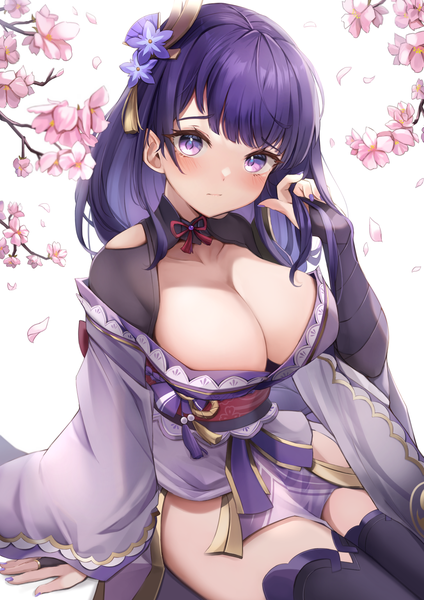 Anime picture 1457x2064 with genshin impact raiden shogun yutoriko (candy0905) single long hair tall image looking at viewer blush fringe breasts light erotic large breasts white background sitting purple eyes cleavage blunt bangs braid (braids) nail polish traditional clothes