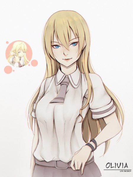 Anime picture 2473x3300 with asobi asobase olivia (asobi asobase) liya nikorov long hair tall image looking at viewer fringe highres blue eyes blonde hair hair between eyes white background multiple girls signed upper body light smile character names dual persona adjusting glasses girl