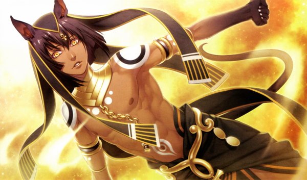 Anime picture 4845x2855 with kamigami no asobi brains base (studio) anubis ma'at yone kazuki single looking at viewer fringe highres short hair brown hair wide image yellow eyes absurdres traditional clothes spread arms muscle bodypaint shirtless boy navel