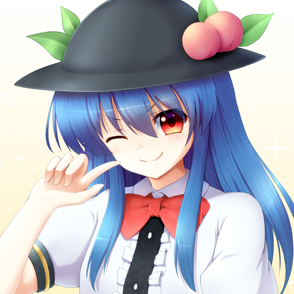 Anime picture 1100x1100 with touhou hinanawi tenshi 40cabbage single long hair smile hair between eyes red eyes blue hair one eye closed wink girl hat bowtie