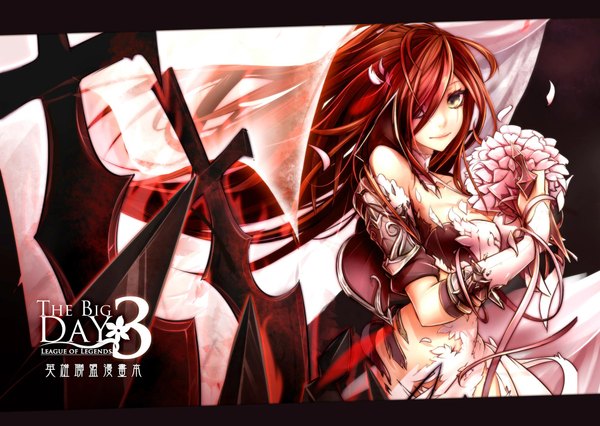 Anime picture 2000x1422 with league of legends katarina (league of legends) beanbean1988 single long hair looking at viewer blush fringe highres smile bare shoulders yellow eyes cleavage red hair lips hair over one eye letterboxed scar girl flower (flowers)