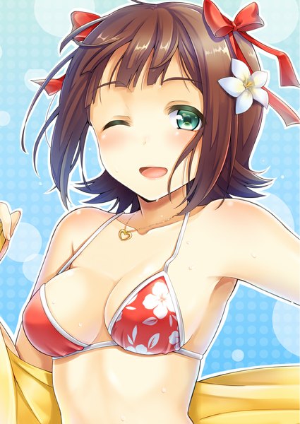 Anime picture 708x1000 with idolmaster amami haruka k.y ko tall image looking at viewer blush short hair open mouth blue eyes light erotic brown hair one eye closed hair flower wink girl hair ornament flower (flowers) bow swimsuit hair bow