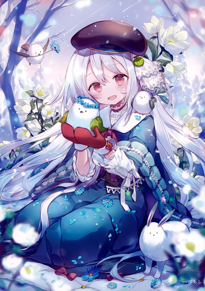 Anime picture 2486x3529 with original melonbooks ibara riato single tall image looking at viewer blush fringe highres open mouth smile hair between eyes red eyes sitting signed full body outdoors white hair very long hair :d