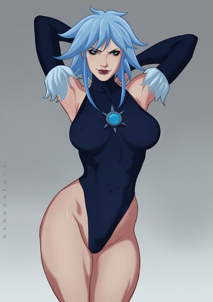 Anime picture 750x1061 with dc comics killer frost dandon fuga single tall image looking at viewer fringe short hair breasts blue eyes light erotic simple background blue hair light smile lips realistic grey background armpit (armpits) lipstick eyeshadow