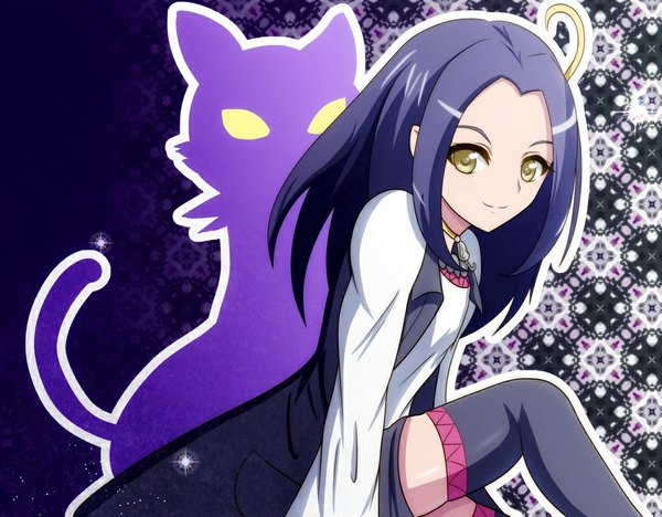 Anime picture 1024x800 with precure toei animation seiren (suite precure) kurokawa ellen kondouisao (pixiv3461171) long hair black hair smile yellow eyes shadow silhouette girl thighhighs black thighhighs